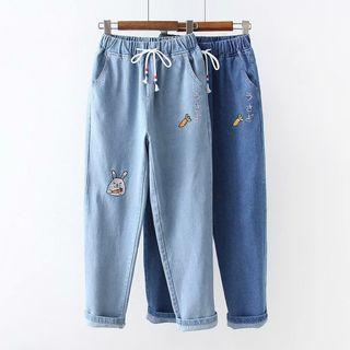 Drawstring-waist Rabbit Embroidered Straight-cut Jeans