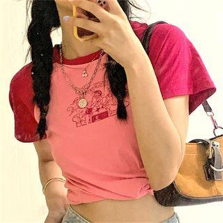 Short-sleeve Cartoon Print Raglan T-shirt Pink - One Size