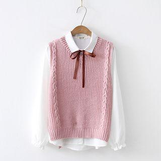 Set: Bow Blouse + Knit Vest