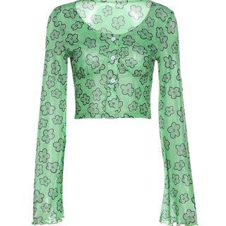 Bell-sleeve Floral Print Mesh Crop Top