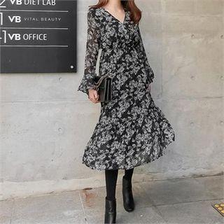 Wrap-front Floral Chiffon Long Dress