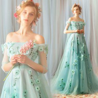 3/4-sleeve Flower Detail Trained A-line Evening Gown
