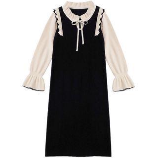 Bell-sleeve Two-tone Knit Dress