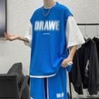 Set: Mock Two-piece Lettering T-shirt + Sweatshorts