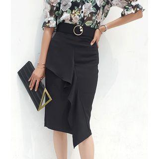 Buckled Ruffle-trim H-line Skirt