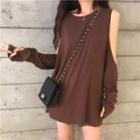 Plain Cutout Long-sleeve Loose-fit T-shirt