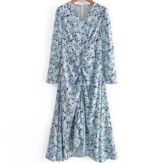 Long Sleeve Floral Print Ruched A-line Maxi Dress