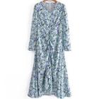 Long Sleeve Floral Print Ruched A-line Maxi Dress
