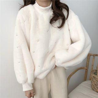 Faux-pearl Furry Knit Top