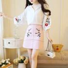 Set: V-neck Embroidered 3/4-sleeve Blouse + Embroidered A-line Skirt