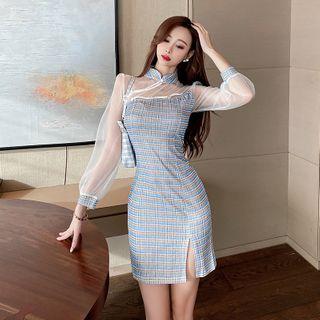 Long-sleeve Mesh Panel Plaid Mini Qipao Dress