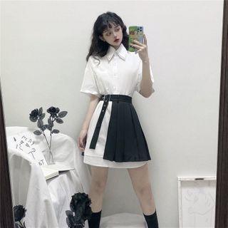 Layered Collared Long Shirt / Asymmetric Pleated Skirt
