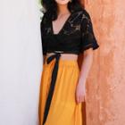 Lace Trim Tie-waist Elbow-sleeve Cropped Top