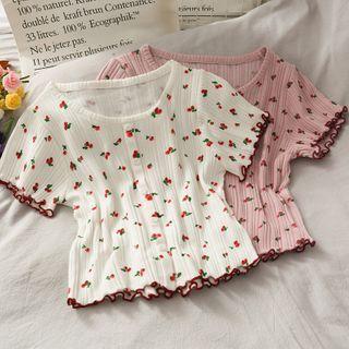 Cherry-print Ruffled-trim Light Knit Top