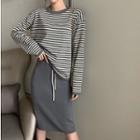 Set: Striped Sweater + Drawstring Waist Midi Skirt