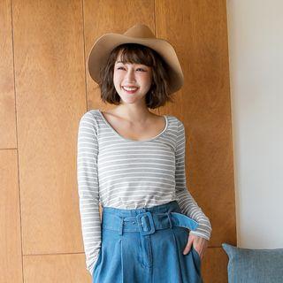 Long-sleeve Bow-accent Striped Top