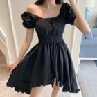 Short-sleeve Scoop-neck Frill Trim High-low A-line Dress
