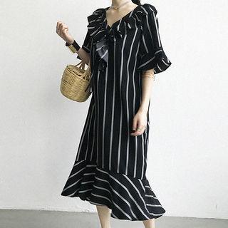 V-neck Pinstripe Midi Shift Dress