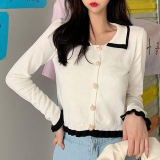 Color-block Trim Peter-pan Collar Long-sleeve Knit Cardigan