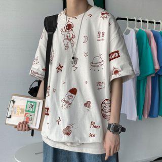 Space Print Elbow-sleeve Oversize Tee