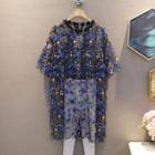 Short-sleeve Mesh Flower Embroidered Dress Blue - One Size