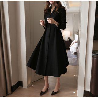 Collared Single-breasted Long-sleeve Midi A-line Dress