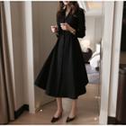 Collared Single-breasted Long-sleeve Midi A-line Dress
