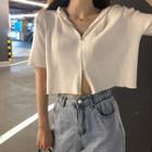Short-sleeve Zip-up Hooded Knit Top