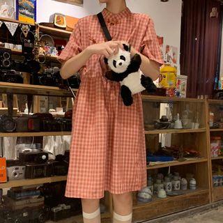 Knot-button Check Short-sleeve Dress