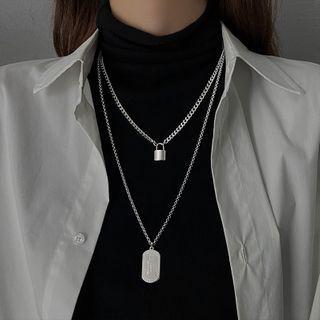 Tag & Lock Pendant Layered Alloy Necklace Necklace - Detachable - Double Layers - Silver - One Size