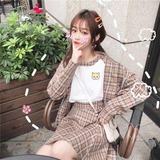 Plaid Shirt / High Waist A-line Skirt / Plaid Panel Short-sleeve T-shirt