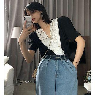 Short-sleeve Perforated Lace Paneled Top