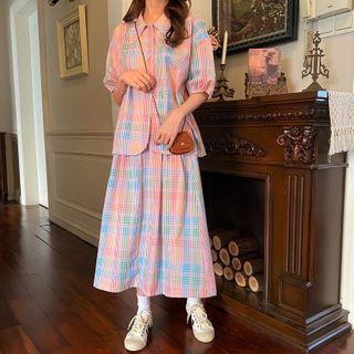 Set: Short-sleeve Plaid Shirt + Midi A-line Skirt Set - As Shown In Figure - One Size