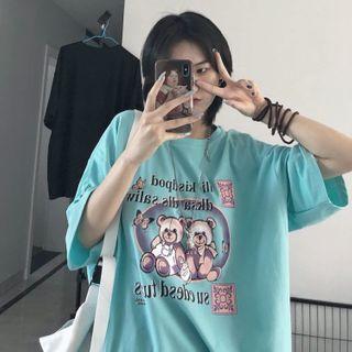 Short Sleeve Printed Oversized T-shirt Blue - One Size