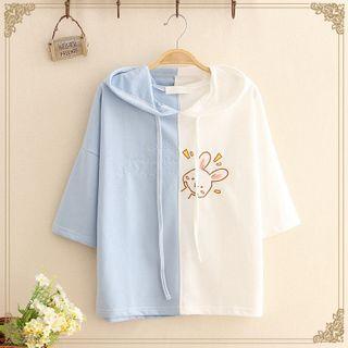 Rabbit Print Color-block Hooded Top