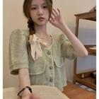 Short-sleeve Cropped Blouse Light Green - One Size