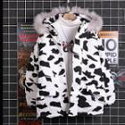 Faux Fur Trim Cow Print Hooded Zip Jacket