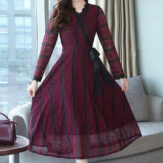 Long-sleeve Midi Lace Overlay A-line Dress