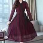 Long-sleeve Midi Lace Overlay A-line Dress