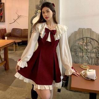 Set: Ruffle Trim Blouse + Overall Dress