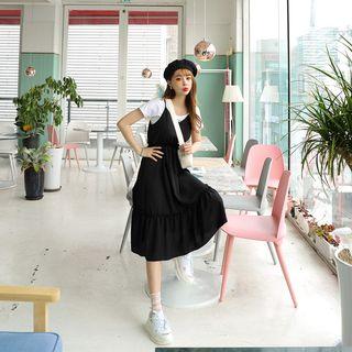 Set: Spaghetti-strap Frilled Midi Dress + T-shirt