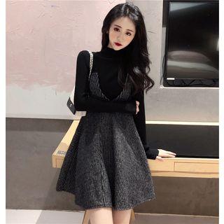 Mock-turtleneck Ribbed Knit Top / Striped A-line Pinafore Dress / Set