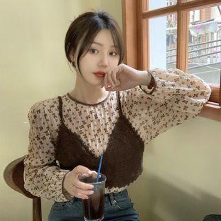 Long-sleeve Floral Top / Cropped Camisole Top