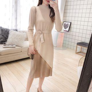 Mock Two-piece Long-sleeve Mock Neck Midi Pleated Knit Dress