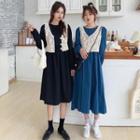 Set: Long-sleeve Midi A-line Dress + Crochet Button Vest