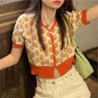 Short-sleeve Floral Cropped Cardigan Tangerine - One Size