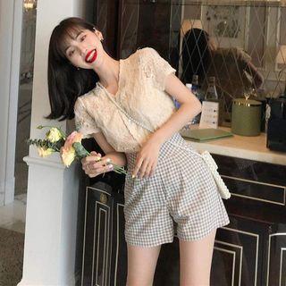 High-waist Plaid Shorts / Short-sleeve Lace Blouse