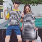 Couple Matching Striped Hooded Short-sleeve T-shirt Dress / Striped Hooded Short-sleeve T-shirt