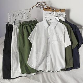 Plain Single-breasted Short-sleeve Blouse / High-waist Skirt