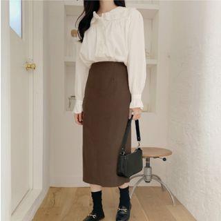 Ruffle Blouse / Midi Straight-fit Skirt